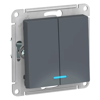 Выключатель 2-клавишный, с подсветкой (безвинтовой зажим), Грифель, серия Atlas Design, Schneider Electric